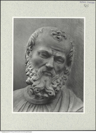 Vorderseite von Vasari [https://www.deutsche-digitale-bibliothek.de/content/lizenzen/rv-ez/] Grabmal des Kardinals Lorenzo Cibo de' Mari (+1503)Rückwand: thronende Madonna zwischen dem heiligen Bartholomäus und dem heiligen Laurentius, der den Verstorbenen präsentiert - Bartholomäus, Kopf, bh477535_recto. Foto.