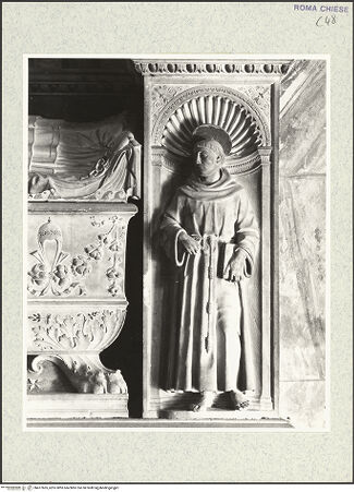 Vorderseite von Courtauld Institute, Conway Library [https://www.deutsche-digitale-bibliothek.de/content/lizenzen/rv-ez/] Grabmal des Kardinals Louis d'Albret (auch: Ludovico de Lebretto, +1465)Rechtes Pilasterpostament: Heiliger Franziskus - , bh477605_recto. Foto.