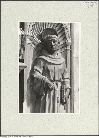 Vorderseite von Courtauld Institute, Conway Library [https://www.deutsche-digitale-bibliothek.de/content/lizenzen/rv-ez/] Grabmal des Kardinals Louis d'Albret (auch: Ludovico de Lebretto, +1465)Rechtes Pilasterpostament: Heiliger Franziskus - Ausschnitt, bh477607_recto. Foto.