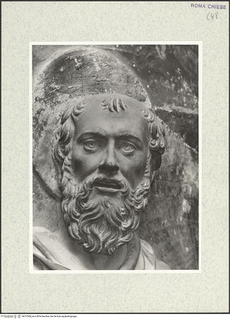 Vorderseite von Vasari [https://www.deutsche-digitale-bibliothek.de/content/lizenzen/rv-ez/] Grabmal des Kardinals Louis d'Albret (auch: Ludovico de Lebretto, +1465)Rückwand: Halbfiguren der Apostel Petrus und Paulus - Paulus, Kopf, bh477608_recto. Foto.