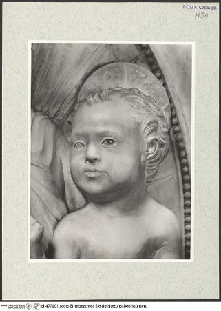 Vorderseite von Vasari [https://www.deutsche-digitale-bibliothek.de/content/lizenzen/rv-fz/] Grabmal des Kardinals Giorgio Costa von Lissabon (+1508)Bogenlünette: Madonna in der Mandorla und zwei adorierende Engel - Christuskind, Kopf, bh477651_recto. Foto.