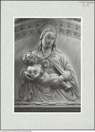 Vorderseite von Vasari [https://rightsstatements.org/page/CNE/1.0/] Grabmal des Kardinals Antoniotto Pallavicini (+1507)Lünette der Rückwand: Madonna und zwei adorierende Engel - Detail: Madonna, bh477674_recto. Foto.