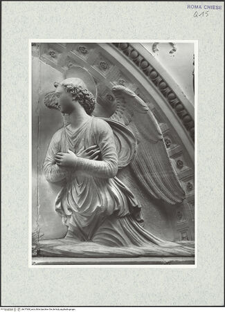 Vorderseite von Vasari [https://rightsstatements.org/page/CNE/1.0/] Grabmal des Kardinals Antoniotto Pallavicini (+1507)Lünette der Rückwand: Madonna und zwei adorierende Engel - Detail: rechter Engel, bh477680_recto. Foto.