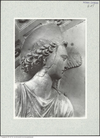 Vorderseite von Vasari [https://rightsstatements.org/page/CNE/1.0/] Grabmal des Kardinals Antoniotto Pallavicini (+1507)Lünette der Rückwand: Madonna und zwei adorierende Engel - Detail: linker Engel, Kopf, bh477681_recto. Foto.