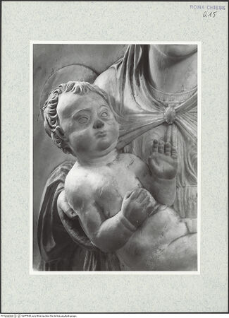 Vorderseite von Vasari [https://rightsstatements.org/page/CNE/1.0/] Grabmal des Kardinals Antoniotto Pallavicini (+1507)Lünette der Rückwand: Madonna und zwei adorierende Engel - Detail: Christuskind, bh477683_recto. Foto.