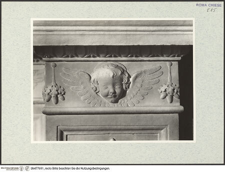 Vorderseite von Vasari [https://www.deutsche-digitale-bibliothek.de/content/lizenzen/rv-ez/] Grabmal der Kardinäle Cristoforo (+1477) und Domenico della Rovere (+1501) - rechter Pilaster, Gesimsdekoration: Cherub, bh477691_recto. Foto.