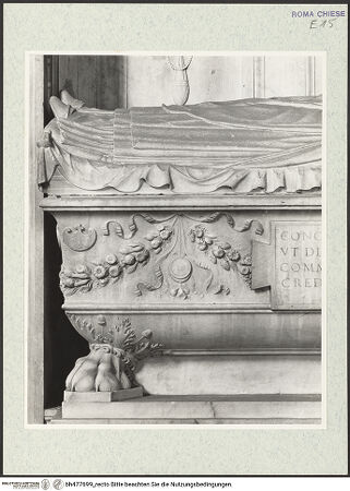 Vorderseite von Courtauld Institute, Conway Library [https://www.deutsche-digitale-bibliothek.de/content/lizenzen/rv-ez/] Grabmal der Kardinäle Cristoforo (+1477) und Domenico della Rovere (+1501)Sarkophag mit Liegefigur - Sarkophag, linke Hälfte, bh477699_recto. Foto.