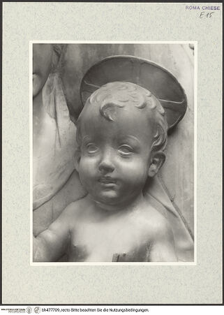Vorderseite von Vasari [https://www.deutsche-digitale-bibliothek.de/content/lizenzen/rv-ez/] Grabmal der Kardinäle Cristoforo (+1477) und Domenico della Rovere (+1501)Bogenlünette: Madonna in der Mandorla und zwei adorierende Engel - Detail: Kopf des Christuskindes, bh477709_recto. Foto.
