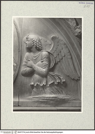 Vorderseite von Vasari [https://www.deutsche-digitale-bibliothek.de/content/lizenzen/rv-ez/] Grabmal der Kardinäle Cristoforo (+1477) und Domenico della Rovere (+1501)Bogenlünette: Madonna in der Mandorla und zwei adorierende Engel - Detail: rechter Engel, bh477714_recto. Foto.