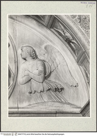 Vorderseite von Courtauld Institute, Conway Library [https://www.deutsche-digitale-bibliothek.de/content/lizenzen/rv-ez/] Grabmal der Kardinäle Cristoforo (+1477) und Domenico della Rovere (+1501)Bogenlünette: Madonna in der Mandorla und zwei adorierende Engel - Detail: rechter Engel, bh477715_recto. Foto.