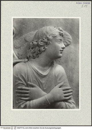 Vorderseite von Vasari [https://www.deutsche-digitale-bibliothek.de/content/lizenzen/rv-ez/] Grabmal der Kardinäle Cristoforo (+1477) und Domenico della Rovere (+1501)Bogenlünette: Madonna in der Mandorla und zwei adorierende Engel - Detail des linken Engels, bh477716_recto. Foto.