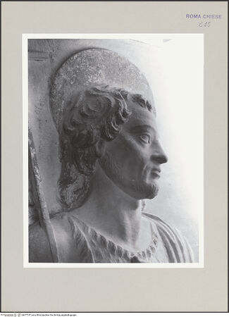 Vorderseite von Vasari [https://www.deutsche-digitale-bibliothek.de/content/lizenzen/rv-ez/] Grabmal (Kenotaph) des Meliaduce (Meriaduce) Cicala (+1481), Stifter der KircheRückwand: Madonna zwischen Johannes Evangelista und Johannes Baptista - Detail: Johannes Baptista, Kopf, bh477747_recto. Foto.