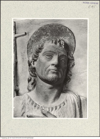 Vorderseite von Vasari [https://www.deutsche-digitale-bibliothek.de/content/lizenzen/rv-ez/] Grabmal (Kenotaph) des Meliaduce (Meriaduce) Cicala (+1481), Stifter der KircheRückwand: Madonna zwischen Johannes Evangelista und Johannes Baptista - Detail: Johannes Baptista, Kopf, bh477748_recto. Foto.