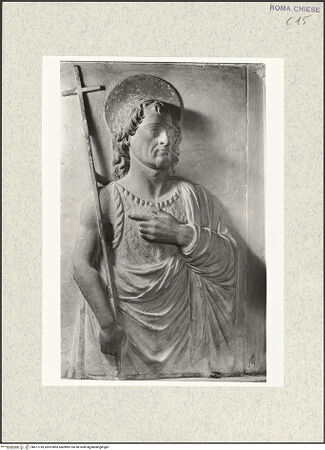 Vorderseite von Vasari [https://www.deutsche-digitale-bibliothek.de/content/lizenzen/rv-ez/] Grabmal (Kenotaph) des Meliaduce (Meriaduce) Cicala (+1481), Stifter der KircheRückwand: Madonna zwischen Johannes Evangelista und Johannes Baptista - Detail: Johannes Baptista, bh477749_recto. Foto.