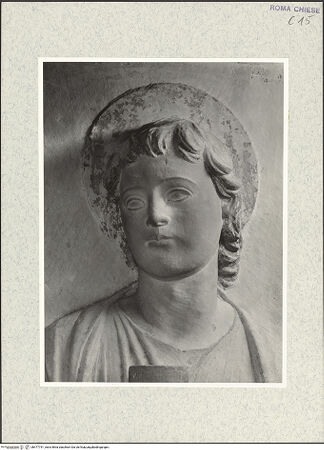 Vorderseite von Vasari [https://www.deutsche-digitale-bibliothek.de/content/lizenzen/rv-ez/] Grabmal (Kenotaph) des Meliaduce (Meriaduce) Cicala (+1481), Stifter der KircheRückwand: Madonna zwischen Johannes Evangelista und Johannes Baptista - Detail: Johannes Evangelista, Kopf, bh477751_recto. Foto.