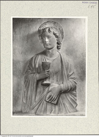 Vorderseite von Vasari [https://www.deutsche-digitale-bibliothek.de/content/lizenzen/rv-ez/] Grabmal (Kenotaph) des Meliaduce (Meriaduce) Cicala (+1481), Stifter der KircheRückwand: Madonna zwischen Johannes Evangelista und Johannes Baptista - Detail: Johannes Evangelista, bh477754_recto. Foto.