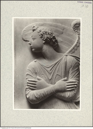 Vorderseite von Vasari [https://www.deutsche-digitale-bibliothek.de/content/lizenzen/rv-ez/] Grabmal des Kardinals Pietro Ferrici (+1478)Rückwand: Madonna und zwei adorierende Engel - Detail: Engel rechts, bh477794_recto. Foto.