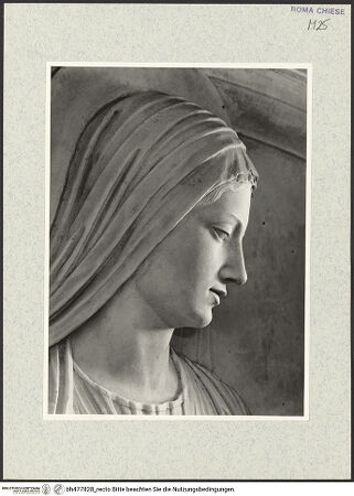 Vorderseite von Vasari [https://www.deutsche-digitale-bibliothek.de/content/lizenzen/rv-ez/] Grabmal des Erzbischofs Benedetto Sopranzi von Nicosia (+1495)Rundbogen: Madonna zwischen Johannes Baptista und Papst Gregor dem Großen - Detail: Kopf der Madonna, bh477828_recto. Foto.