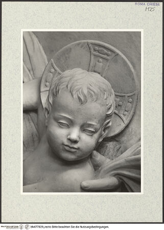 Vorderseite von Vasari [https://www.deutsche-digitale-bibliothek.de/content/lizenzen/rv-ez/] Grabmal des Erzbischofs Benedetto Sopranzi von Nicosia (+1495)Rundbogen: Madonna zwischen Johannes Baptista und Papst Gregor dem Großen - Detail: Kopf des Christuskindes, bh477829_recto. Foto.
