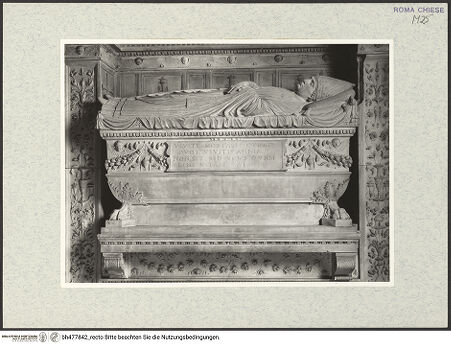 Vorderseite von Vasari [https://www.deutsche-digitale-bibliothek.de/content/lizenzen/rv-ez/] Grabmal des Erzbischofs Benedetto Sopranzi von Nicosia (+1495)Sarkophag mit Liegefigur - Gesamtansicht, bh477842_recto. Foto.