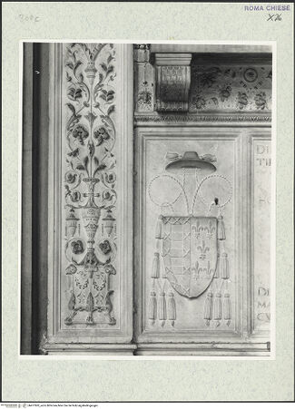 Vorderseite von Courtauld Institute, Conway Library [https://www.deutsche-digitale-bibliothek.de/content/lizenzen/rv-ez/] Grabmal des Bischofs Diego Melendes Valdes (+1506) - linker Pilaster und Wappen im Sockel, bh477893_recto. Foto.