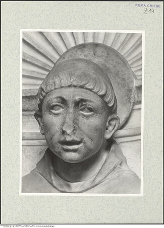 Vorderseite von Vasari [https://www.deutsche-digitale-bibliothek.de/content/lizenzen/rv-ez/] Grabmal des Kardinals Jacopo Ammanati-Piccolomini (+1479)NischenfigurenRechte Nische: Heiliger Franziskus - Kopf, bh477916_recto. Foto.