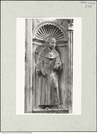 Vorderseite von Vasari [https://www.deutsche-digitale-bibliothek.de/content/lizenzen/rv-ez/] Grabmal des Kardinals Jacopo Ammanati-Piccolomini (+1479)NischenfigurenRechte Nische: Heiliger Franziskus - , bh477924_recto. Foto.