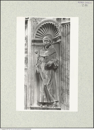 Vorderseite von Vasari [https://rightsstatements.org/page/CNE/1.0/] Grabmal des Kardinals Jacopo Ammanati-Piccolomini (+1479)NischenfigurenRechte Nische: Heiliger Franziskus - , bh477925_recto. Foto.