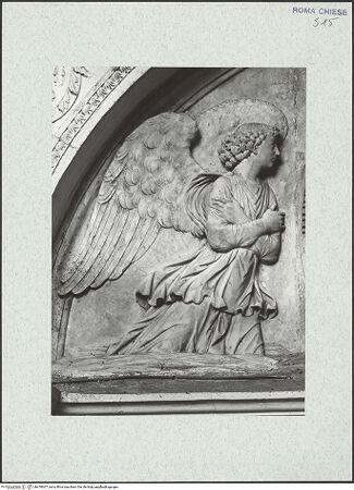 Vorderseite von Vasari [https://www.deutsche-digitale-bibliothek.de/content/lizenzen/rv-ez/] Grabmal des Erzbischofs von Salerno, Guglielmo Rocca (+1482)Lünette: Madonna in der Mandorla und zwei adorierende Engel - linker Engel, bh478007_recto. Foto.