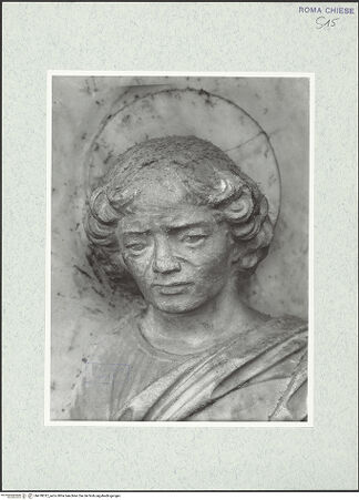 Vorderseite von Vasari [https://www.deutsche-digitale-bibliothek.de/content/lizenzen/rv-ez/] Grabmal des Erzbischofs von Salerno, Guglielmo Rocca (+1482)Zone unterhalb des Sarkophags: Kreuzigung Christi - Detail: Kopf des Johannes, bh478012_recto. Foto.