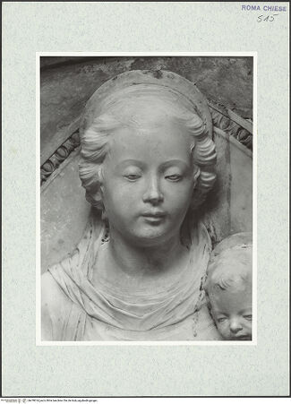 Vorderseite von Vasari [https://www.deutsche-digitale-bibliothek.de/content/lizenzen/rv-ez/] Grabmal des Erzbischofs von Salerno, Guglielmo Rocca (+1482)Lünette: Madonna in der Mandorla und zwei adorierende Engel - Madonna, Kopf, bh478014_recto. Foto.