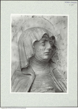 Vorderseite von Vasari [https://www.deutsche-digitale-bibliothek.de/content/lizenzen/rv-ez/] Grabmal des Erzbischofs von Salerno, Guglielmo Rocca (+1482)Zone unterhalb des Sarkophags: Kreuzigung Christi - Detail: Kopf Mariens, bh478018_recto. Foto.