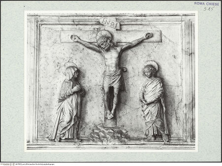 Vorderseite von Courtauld Institute, Conway Library [https://www.deutsche-digitale-bibliothek.de/content/lizenzen/rv-ez/] Grabmal des Erzbischofs von Salerno, Guglielmo Rocca (+1482)Zone unterhalb des Sarkophags: Kreuzigung Christi - , bh478022_recto. Foto.