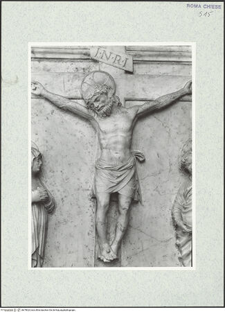 Vorderseite von Vasari [https://www.deutsche-digitale-bibliothek.de/content/lizenzen/rv-ez/] Grabmal des Erzbischofs von Salerno, Guglielmo Rocca (+1482)Zone unterhalb des Sarkophags: Kreuzigung Christi - Detail: Christus, bh478024_recto. Foto.