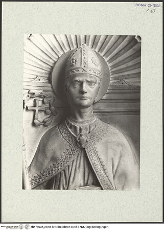 Vorderseite von Vasari [https://www.deutsche-digitale-bibliothek.de/content/lizenzen/rv-ez/] Grabmal des Kardinals Bernardino Lonato (+1497)HeiligenfigurenLinke obere Pilasternische: heiliger Bischof - Detail, bh478035_recto. Foto.