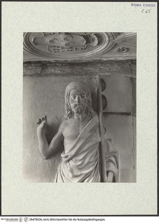 Vorderseite von Vasari [https://www.deutsche-digitale-bibliothek.de/content/lizenzen/rv-ez/] Grabmal des Kardinals Bernardino Lonato (+1497)Rückwand: Auferstehung Christi - Detail: Christus, bh478036_recto. Foto.