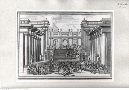 Vorderseite von Istituto Nazionale per la Grafica [http://creativecommons.org/publicdomain/mark/1.0/] Il Greco in Troia, festa teatrale rappresentata in Firenze ...3. Akt, 17. Szene: "Cortile con grande scalinata per la quale si va alla Reggia, à piè della scala vengono combattendo i Greci e i Troiani, che sbaragliato il nemico saliscono le scale, dalle quali scende Pirro colle sue grande armate". - , bh478519. Foto.