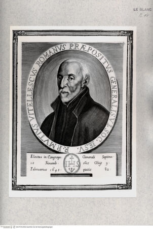 Vorderseite von Istituto Nazionale per la Grafica [http://creativecommons.org/publicdomain/mark/1.0/] Imagines Praepositorum Generalium Societatis Iesu. Delineatae et Exculptae ab Arnoldo Van Westerhout. (2. Zustand)Bildnis des Jesuiten Mutio Vitelleschi - , bh479706. Foto.