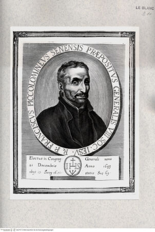 Vorderseite von Istituto Nazionale per la Grafica [http://creativecommons.org/publicdomain/mark/1.0/] Imagines Praepositorum Generalium Societatis Iesu. Delineatae et Exculptae ab Arnoldo Van Westerhout. (2. Zustand)Bildnis des Jesuiten Francesco Piccolomini - , bh479713. Foto.