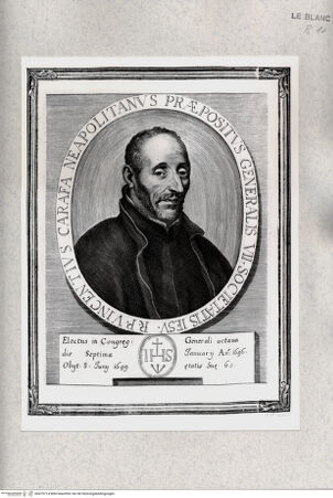 Vorderseite von Istituto Nazionale per la Grafica [http://creativecommons.org/publicdomain/mark/1.0/] Imagines Praepositorum Generalium Societatis Iesu. Delineatae et Exculptae ab Arnoldo Van Westerhout. (2. Zustand)Bildnis des Jesuiten Vincenzo Caraffa - , bh479714. Foto.