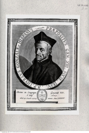 Vorderseite von Istituto Nazionale per la Grafica [http://creativecommons.org/publicdomain/mark/1.0/] Imagines Praepositorum Generalium Societatis Iesu. Delineatae et Exculptae ab Arnoldo Van Westerhout. (2. Zustand)Bildnis des Jesuiten Tirso Gonzales - , bh479715. Foto.