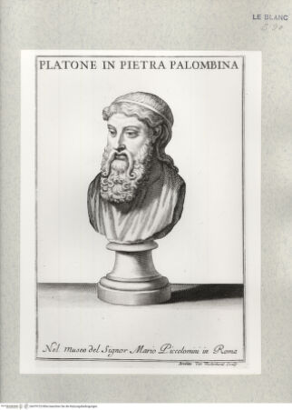 Vorderseite von Istituto Nazionale per la Grafica [http://creativecommons.org/publicdomain/mark/1.0/] Antike Objekte aus dem Museum des Mario Piccolomini, RomBüste Platons: Platone in Pietra Palombina - , bh479723. Foto.