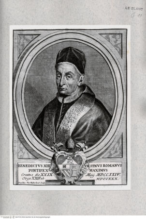 Vorderseite von Istituto Nazionale per la Grafica [http://creativecommons.org/publicdomain/mark/1.0/] Bildnis des Papstes Benedikt XIII. in einem Ovalmedaillon (2. Zustand) - , bh479762. Foto.