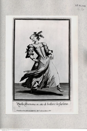 Vorderseite von Istituto Nazionale per la Grafica [http://creativecommons.org/publicdomain/mark/1.0/] "Zitella Venetiana in atto di ballare la furlana" - , bh479769. Foto.