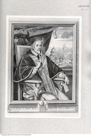 Vorderseite von Istituto Nazionale per la Grafica [http://creativecommons.org/publicdomain/mark/1.0/] Papst Clemens X., auf einem Stuhl sitzend, im Hintergrund die Stadt Rom mit Peterskirche und Engelsburg - , bh479842. Foto.