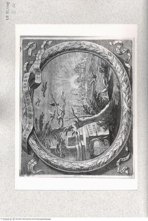 Vorderseite von Istituto Nazionale per la Grafica [http://creativecommons.org/publicdomain/mark/1.0/] Allegorie mit der aufgehenden Sonne hinter der Stadt Orvieto und einem Kardinalswappen - , bh479851. Foto.