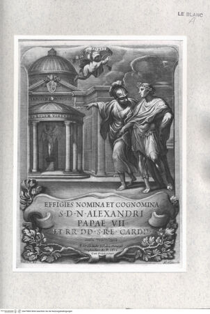 Vorderseite von Istituto Nazionale per la Grafica [http://creativecommons.org/publicdomain/mark/1.0/] Effigies nomina et cognomina S.D.N. Alexandri Papae VII. et RR. DD. S.R.E. Cardd. nunc viventium.Titelblatt: Minerva weist auf den Tempel der Ehre und der Tugend - , bh479865. Foto.