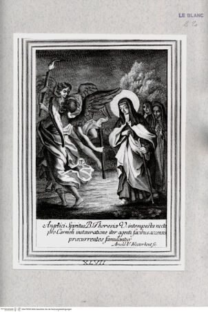 Vorderseite von Istituto Nazionale per la Grafica [http://creativecommons.org/publicdomain/mark/1.0/] Vita Effigiata Della Serafica Vergine S. Teresa di Gesù ...Tafel 47: Die heilige Theresia wandert durch die Nacht, begleitet von Engeln: Angelici Spiritus B. Theresiae ... - , bh479999. Foto.