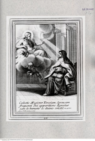 Vorderseite von Istituto Nazionale per la Grafica [http://creativecommons.org/publicdomain/mark/1.0/] Vita Effigiata Della Serafica Vergine S. Teresa di Gesù ...Tafel 52: Christus erscheint der heiligen Theresia: Coelestis Magister Teresiam Sponsam frequenti ... - , bh480000. Foto.