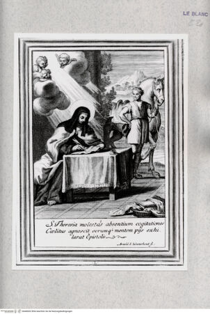 Vorderseite von Istituto Nazionale per la Grafica [http://creativecommons.org/publicdomain/mark/1.0/] Vita Effigiata Della Serafica Vergine S. Teresa di Gesù ...Tafel 50: Die heilige Theresia schreibt einen Brief: S. Theresia molestas absentium ... - , bh480002. Foto.